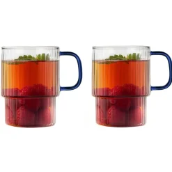 Komplet 2 szklanek ryflowanych Vialli Design Livio, 350 ml, z niebieskiem uchem