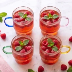 Komplet 2 szklanek ryflowanych Vialli Design Livio, 350 ml, z różowym uchem