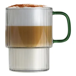 Komplet 2 szklanek ryflowanych Vialli Design Livio, 350 ml, z zielonym uchem