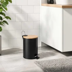 Kosz na śmieci Altom Design, 3 l, z bambusową pokrywką i pedałem, czarny