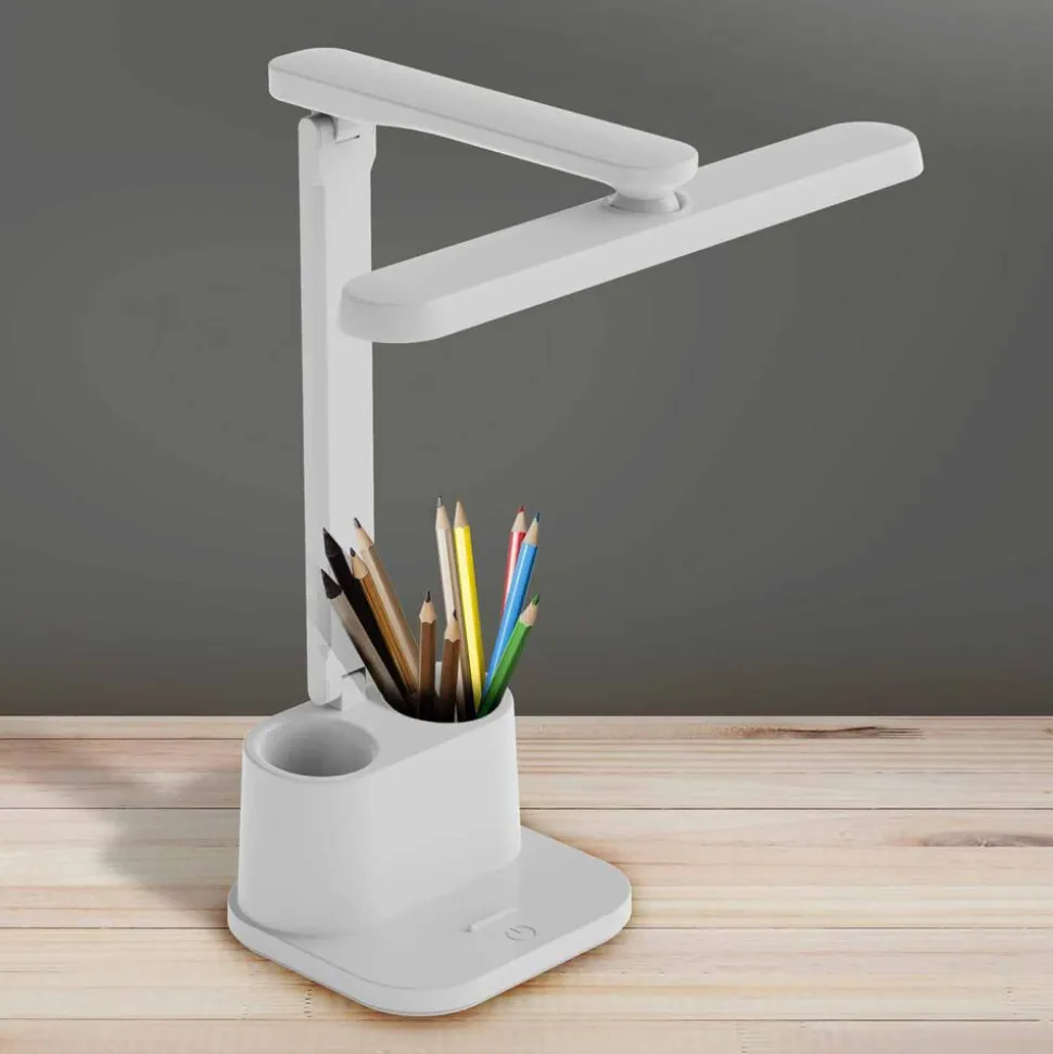 Lampa biurkowa Sanico Goldlux Bari LED, 4000K, z przybornikiem i podstawką na telefon, biała