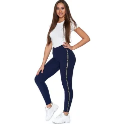 Legginsy damskie, niebieskie z lampasem Love, S/M, z wysokim stanem