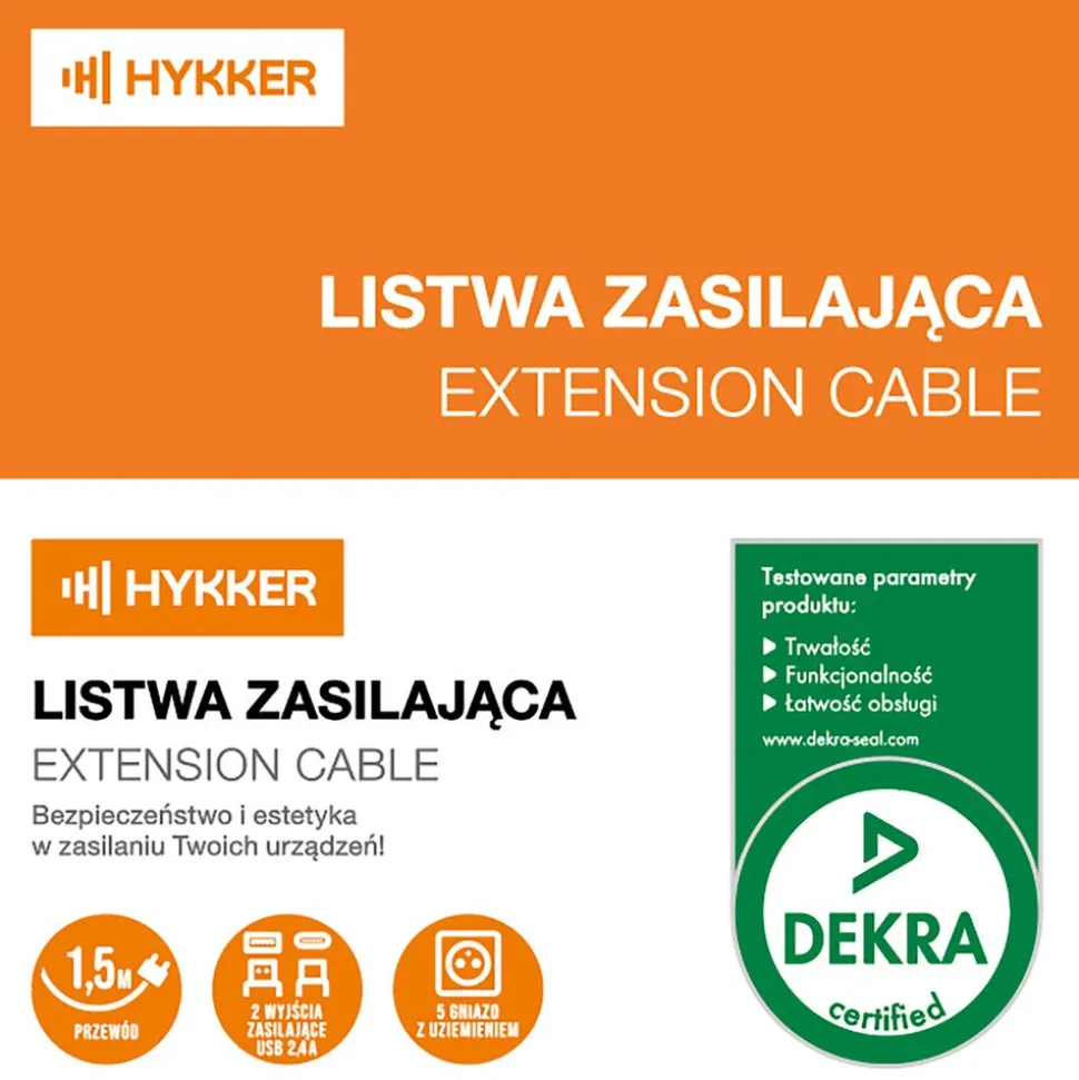 Listwa zasilająca Hykker, z USB, 1,5 m, 5 gniazd, zielona