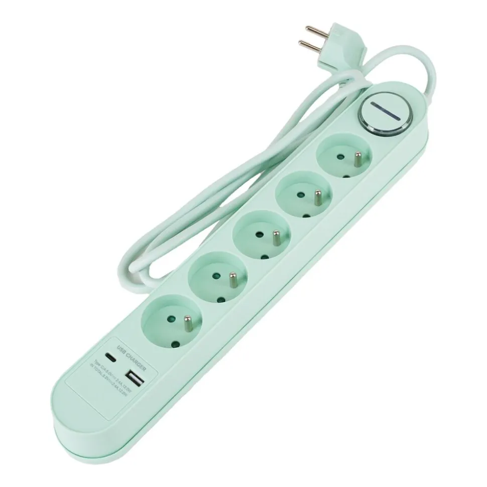Listwa zasilająca Hykker, z USB, 1,5 m, 5 gniazd, zielona