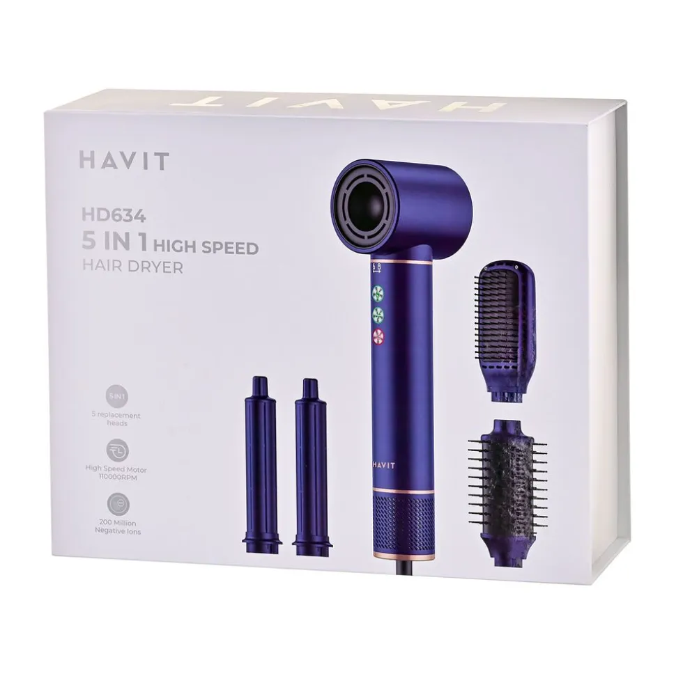 Lokówko-suszarka Multistyler Havit HD634, 1300 W, 4 końcówki, niebieska