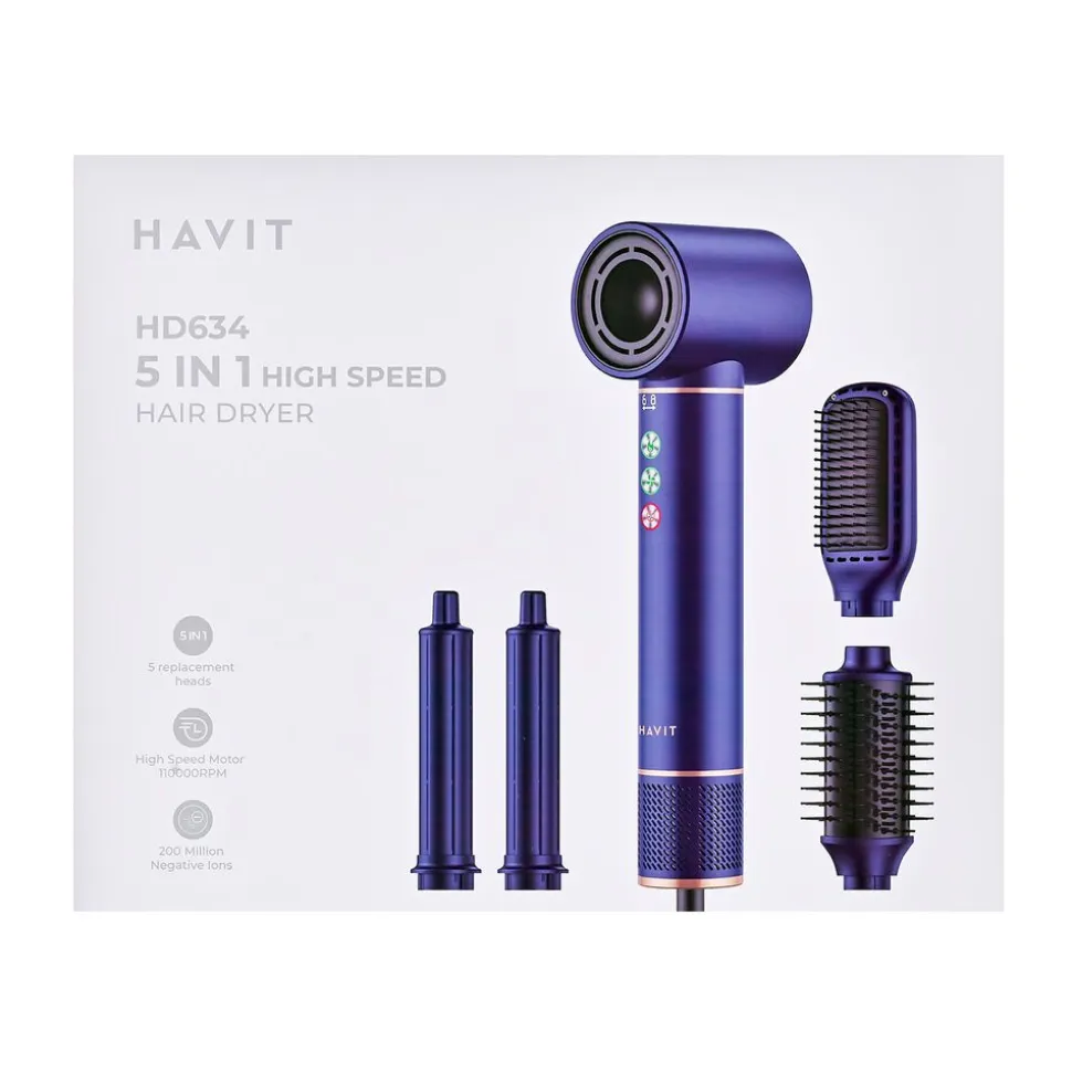 Lokówko-suszarka Multistyler Havit HD634, 1300 W, 4 końcówki, niebieska