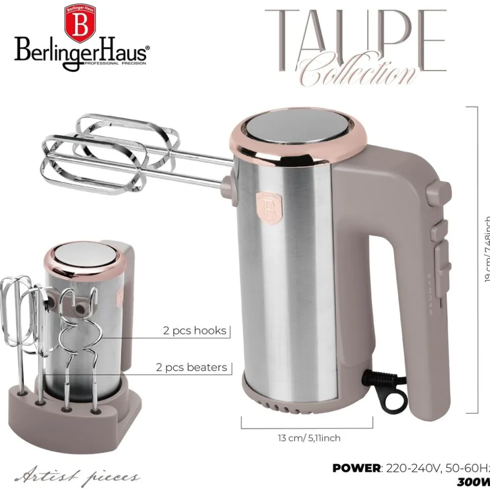Mikser ręczny BerlingerHaus BH/9742, 300 W, 4 końcówki, ze stojakiem, taupe