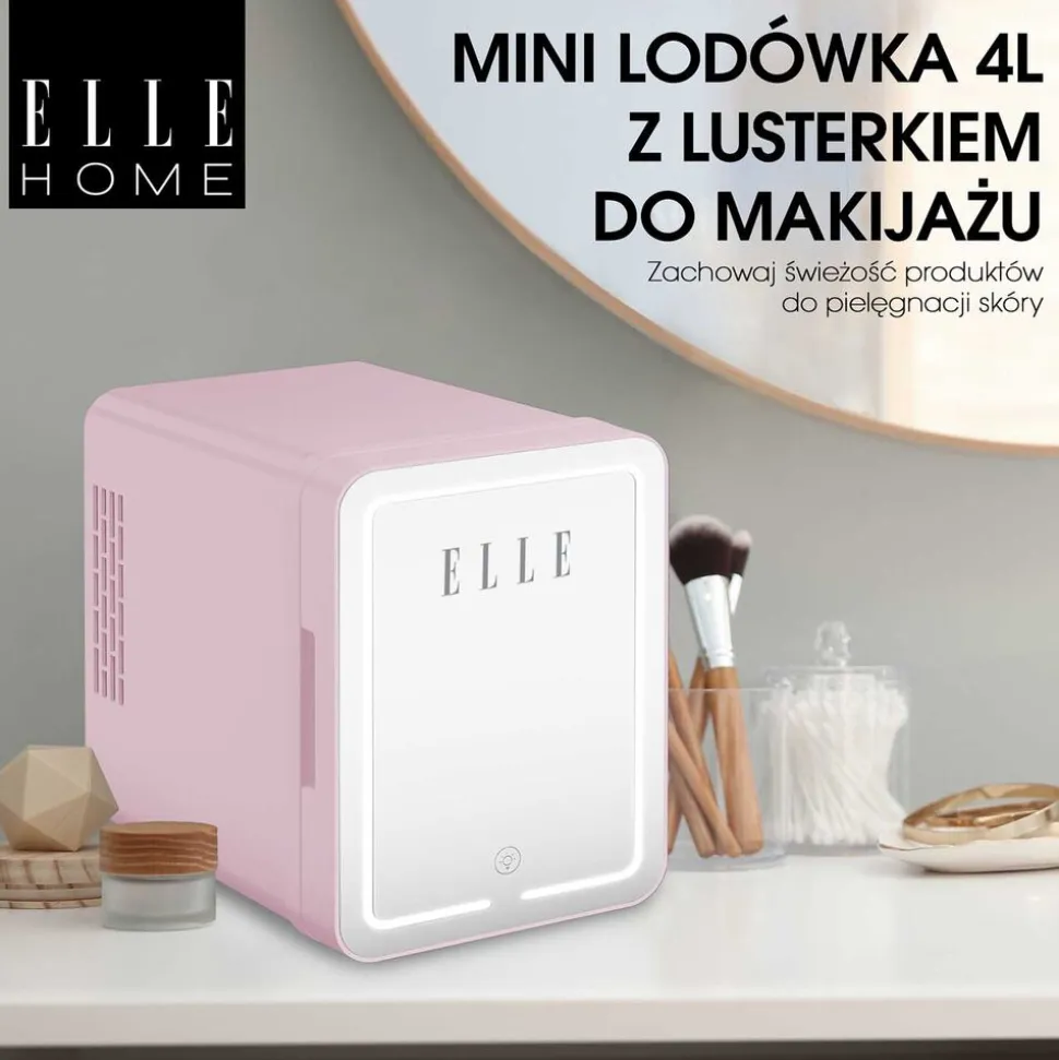 Minilodówka na kosmetyki Elle Home, z lusterkiem LED, 4 l, różowa