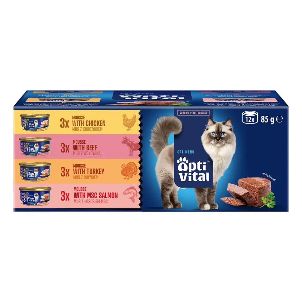 Mokra karma dla kotów OptiVital, minipuszki, 4 smaki, 12 x 85 g