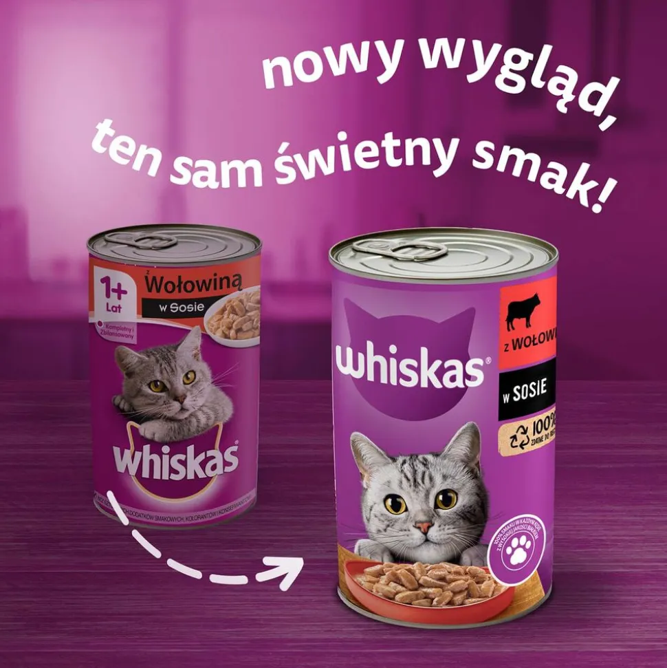 Mokra karma Whiskas, dla dorosłych kotów, z wołowiną, 24 x 400 g