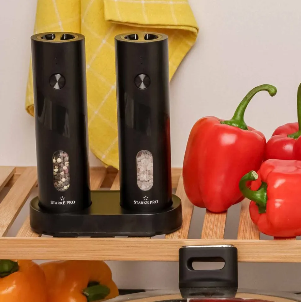 Młynki do soli i pieprzu Starke Pro Paros, z podświetleniem LED, z bazą ładującą, czarne