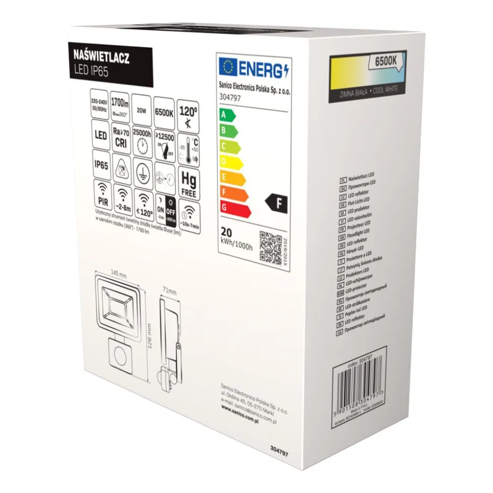 Naświetlacz LED Sanico SMD PIR, 20 W, 6500K, czujnik ruchu i zmierzchu