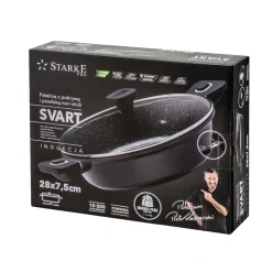 Patelnia głęboka 28 cm Starke Pro Svart Marble, z odpinanymi uchwytami i pokrywką, czarna