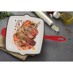 Patelnia grillowa 26 cm MG Home, żeliwna, kremowo-czerwona