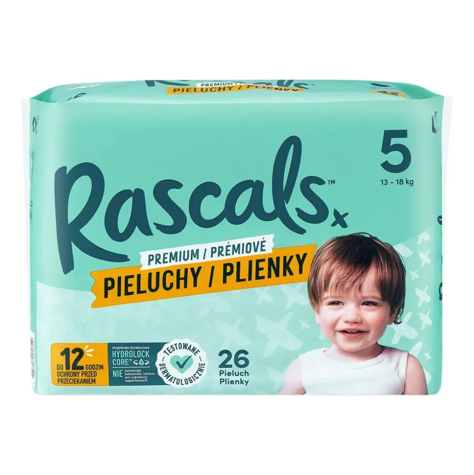 Pieluszki Rascals, 13-18 kg, rozmiar 5, 26 szt.