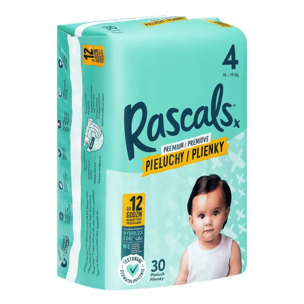 Pieluszki Rascals, 10-15 kg, rozmiar 4, 30 szt.