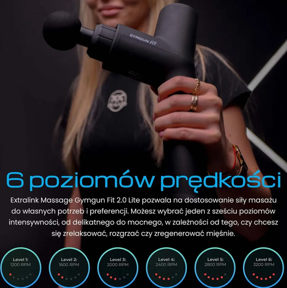 Pistolet do masażu Gymtastic Gymgun Fit 2.0, 7 głowic, 6 poziomów intensywności