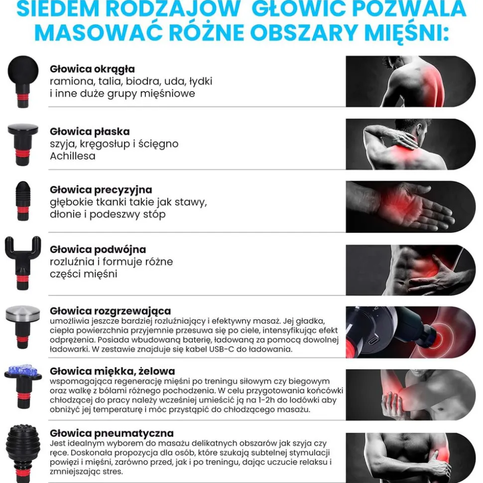 Pistolet do masażu Gymtastic Gymgun Fit 2.0, 7 głowic, 6 poziomów intensywności