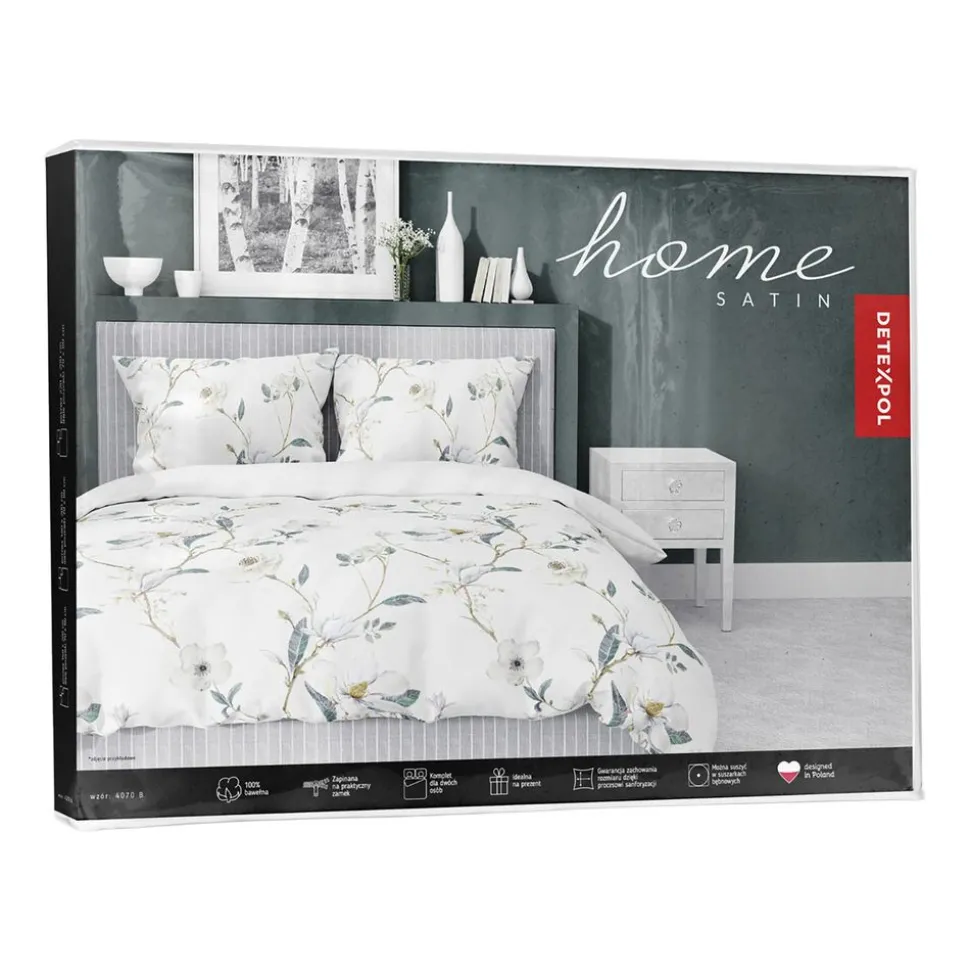 Pościel satynowa 160 x 200 cm Home Satin, kwiaty, biała