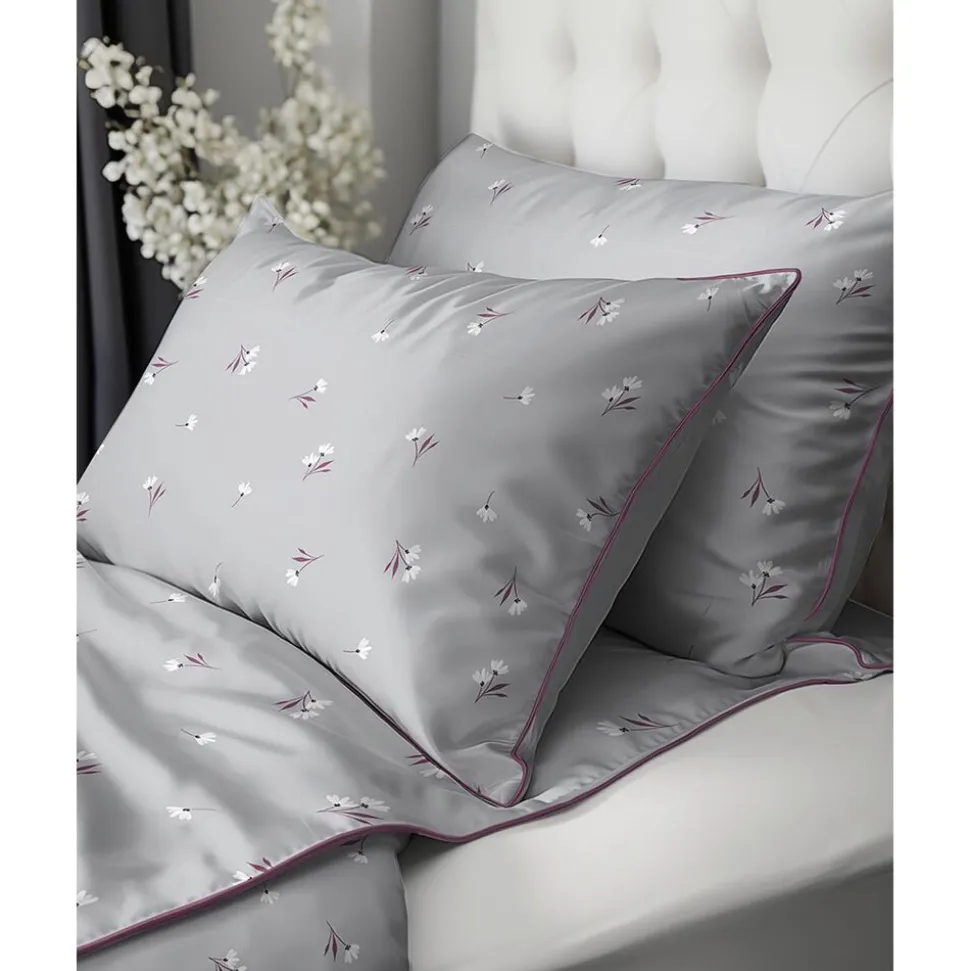 Pościel z perkalu 220 x 200 cm Lame Percale, kwiatki, szara