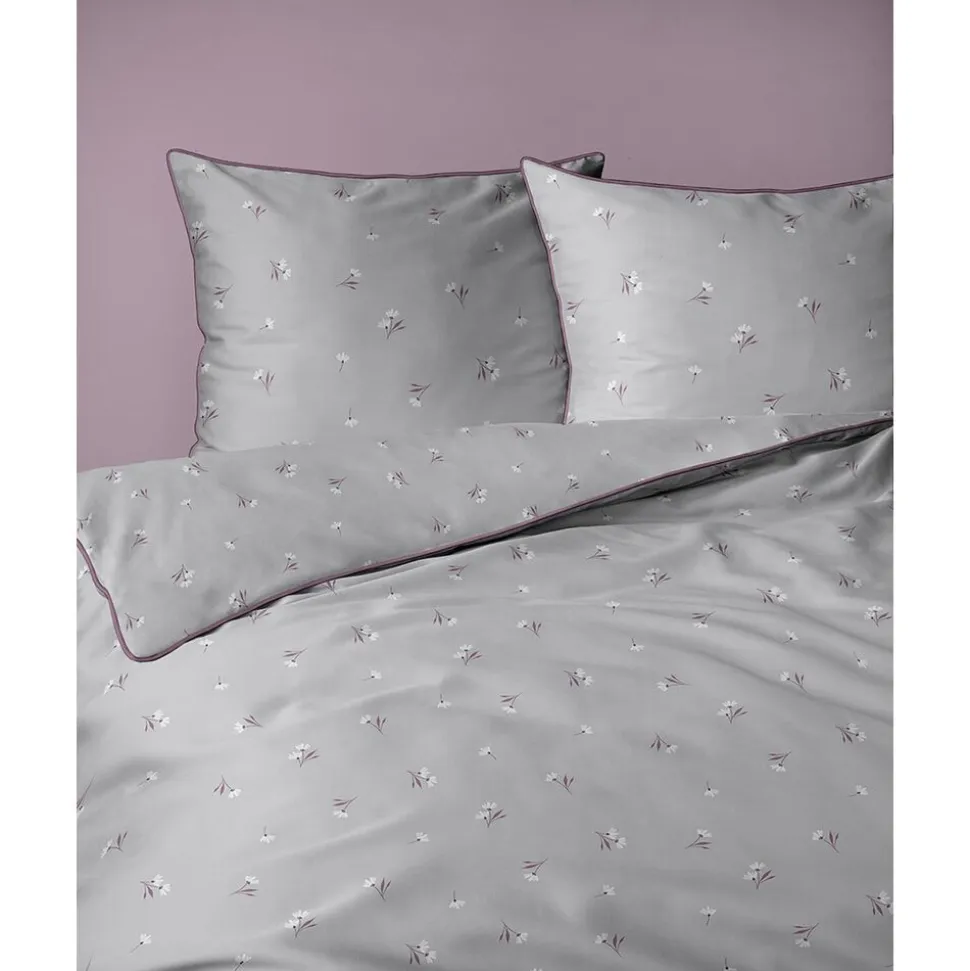 Pościel z perkalu 220 x 200 cm Lame Percale, kwiatki, szara