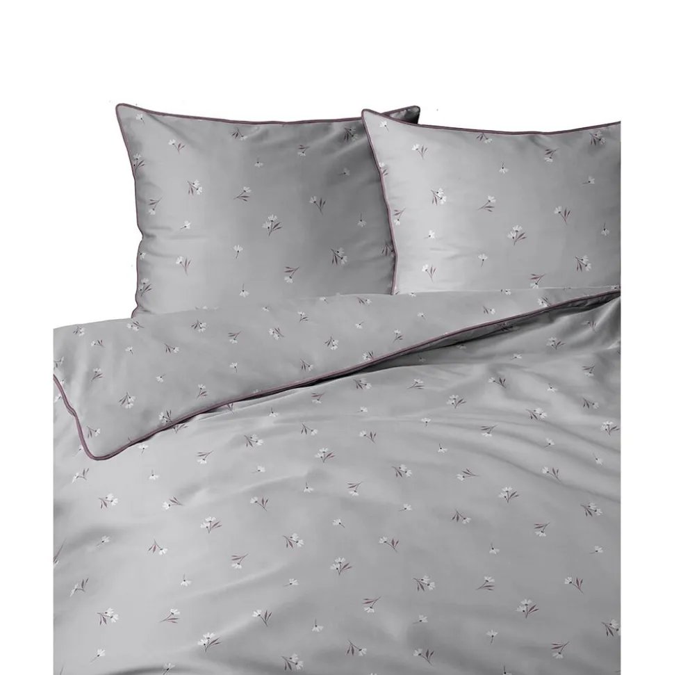 Pościel z perkalu 220 x 200 cm Lame Percale, kwiatki, szara