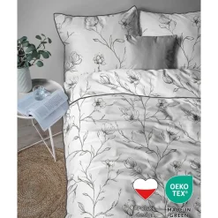 Pościel z perkalu 160 x 200 cm Lame Percale, czarne kwiaty, biała