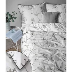 Pościel z perkalu 160 x 200 cm Lame Percale, czarne kwiaty, biała