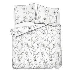 Pościel z perkalu 160 x 200 cm Lame Percale, czarne kwiaty, biała