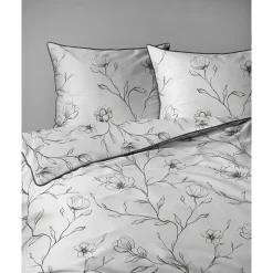 Pościel z perkalu 160 x 200 cm Lame Percale, czarne kwiaty, biała