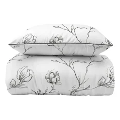 Pościel z perkalu 160 x 200 cm Lame Percale, czarne kwiaty, biała