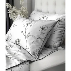 Pościel z perkalu 160 x 200 cm Lame Percale, czarne kwiaty, biała