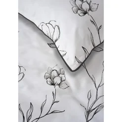 Pościel z perkalu 160 x 200 cm Lame Percale, czarne kwiaty, biała