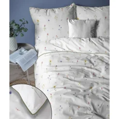 Pościel z perkalu 220 x 200 cm Lame Percale, kolorowe kwiatki, biała