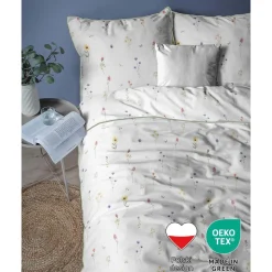 Pościel z perkalu 220 x 200 cm Lame Percale, kolorowe kwiatki, biała