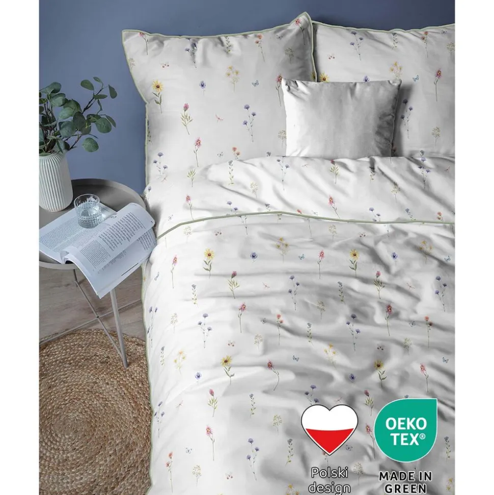 Pościel z perkalu 220 x 200 cm Lame Percale, kolorowe kwiatki, biała