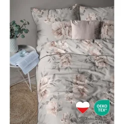 Pościel z perkalu 220 x 200 cm Lame Percale, kwiaty, szara