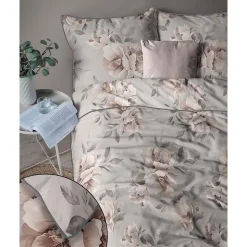 Pościel z perkalu 220 x 200 cm Lame Percale, kwiaty, szara