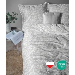 Pościel z perkalu 220 x 200 cm Lame Percale, białe kwiaty, szara