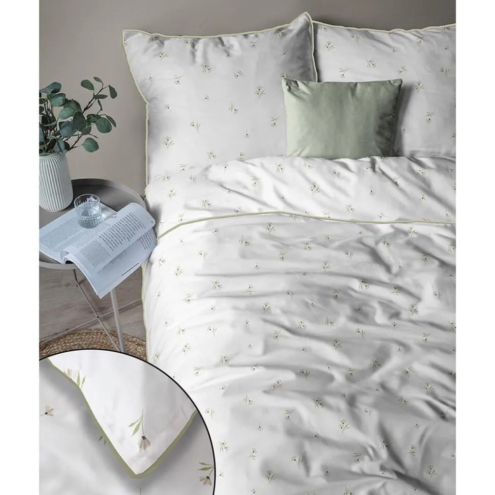 Pościel z perkalu 160 x 200 cm Lame Percale, kwiatki, biała