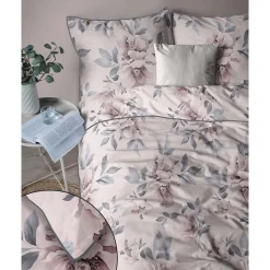 Pościel z perkalu 220 x 200 cm Lame Percale, kwiaty, różowa