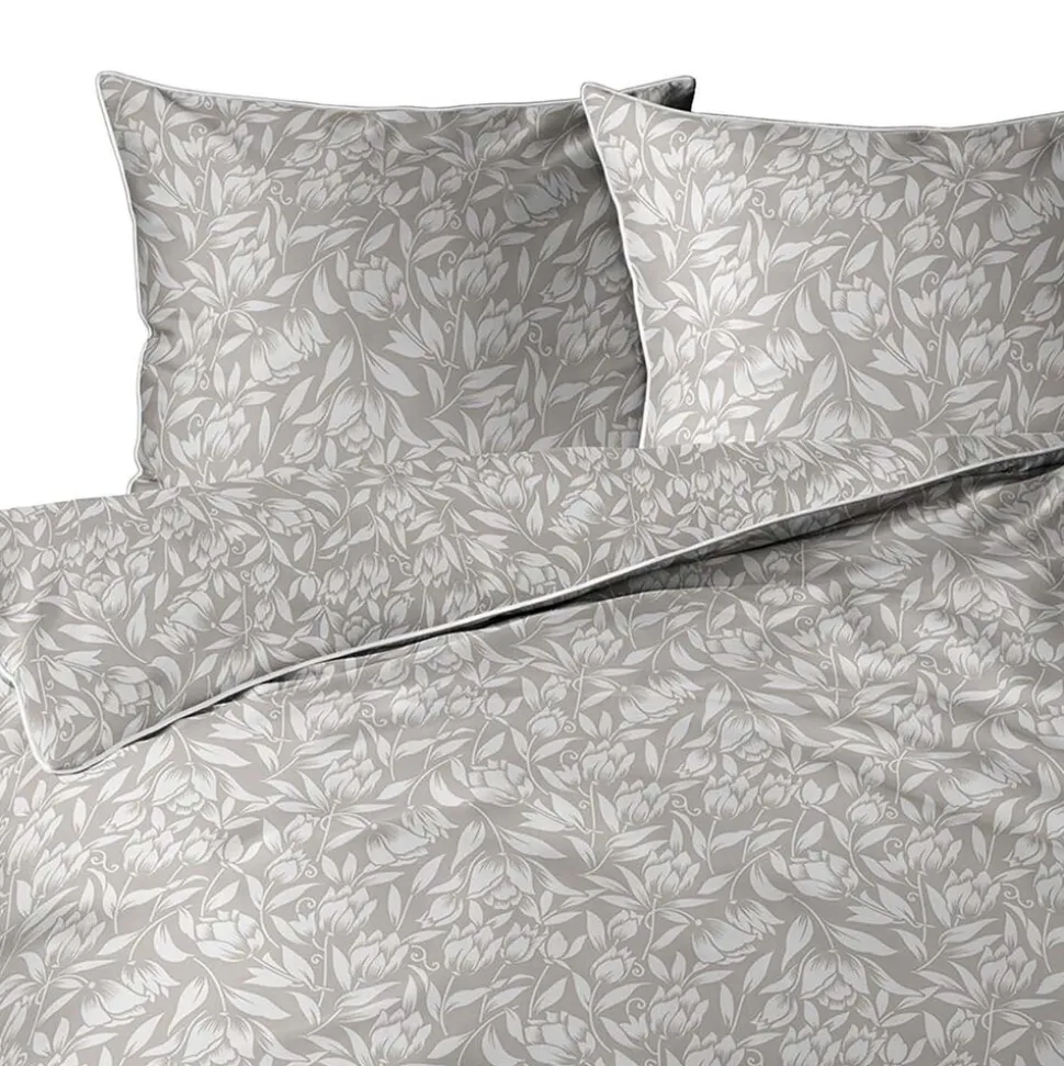 Pościel z perkalu 160 x 200 cm Lame Percale, białe kwiaty, beżowa