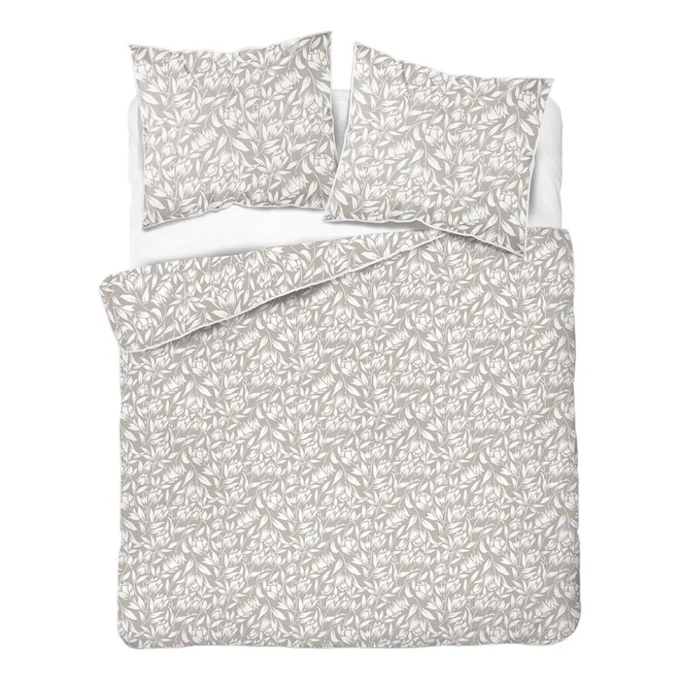 Pościel z perkalu 160 x 200 cm Lame Percale, białe kwiaty, beżowa