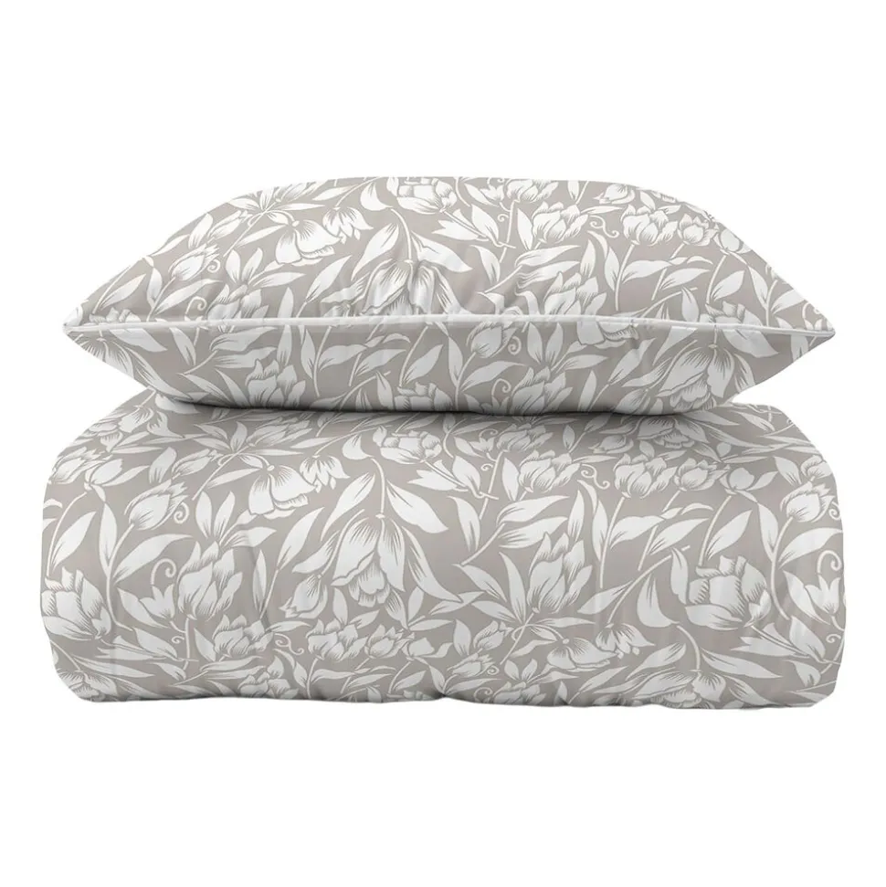 Pościel z perkalu 160 x 200 cm Lame Percale, białe kwiaty, beżowa