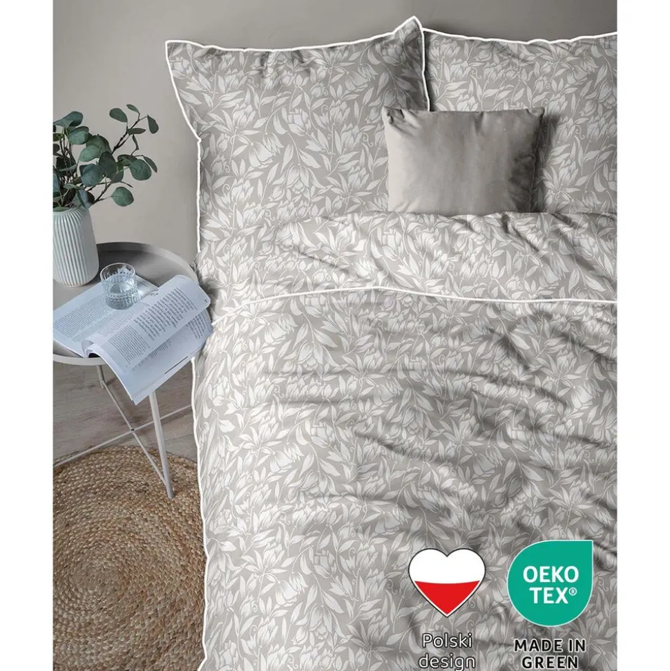 Pościel z perkalu 160 x 200 cm Lame Percale, białe kwiaty, beżowa