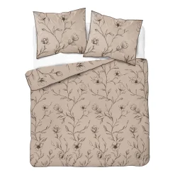 Pościel z perkalu 220 x 200 cm Lame Percale, czarne kwiaty, beżowa