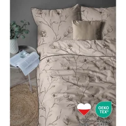 Pościel z perkalu 220 x 200 cm Lame Percale, czarne kwiaty, beżowa