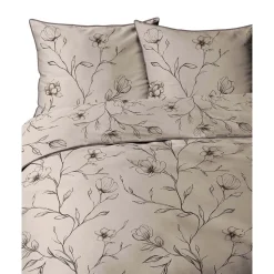 Pościel z perkalu 220 x 200 cm Lame Percale, czarne kwiaty, beżowa