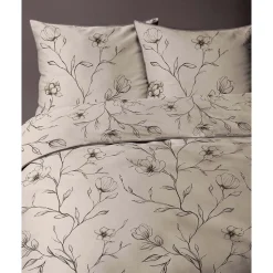 Pościel z perkalu 220 x 200 cm Lame Percale, czarne kwiaty, beżowa