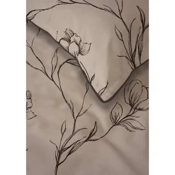 Pościel z perkalu 220 x 200 cm Lame Percale, czarne kwiaty, beżowa